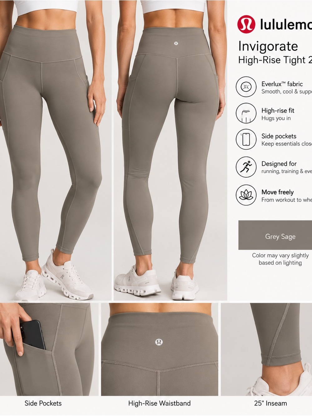 Lululemon Invigorate High Rise Tight 25” Grey Sage Leggings Size 6